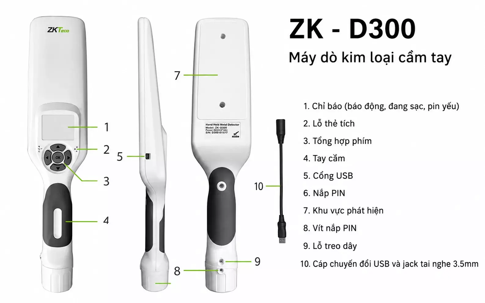 Chi tiết cấu tạo máy dò kim loại cầm tay ZK-D300 Chi tiết cấu tạo máy dò kim loại cầm tay ZK-D300