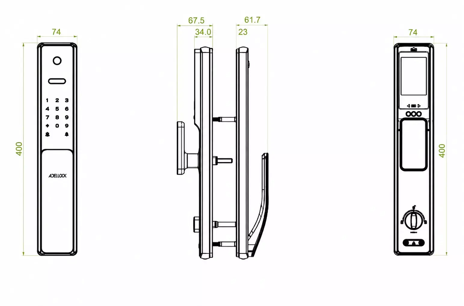 Kích thước tổng quan các cạnh của khóa điệ tử HBL400 Kích thước tổng quan các cạnh của khóa điệ tử HBL400