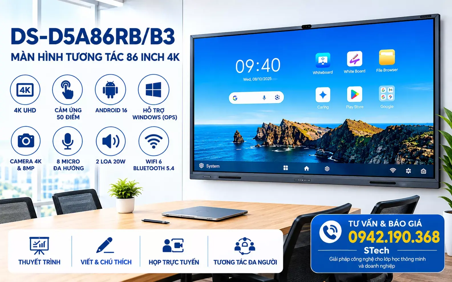 Màn hình tương tác 86 inch 4K Hikvision DS-D5A86RB/B3 Màn hình tương tác 86 inch 4K Hikvision DS-D5A86RB/B3