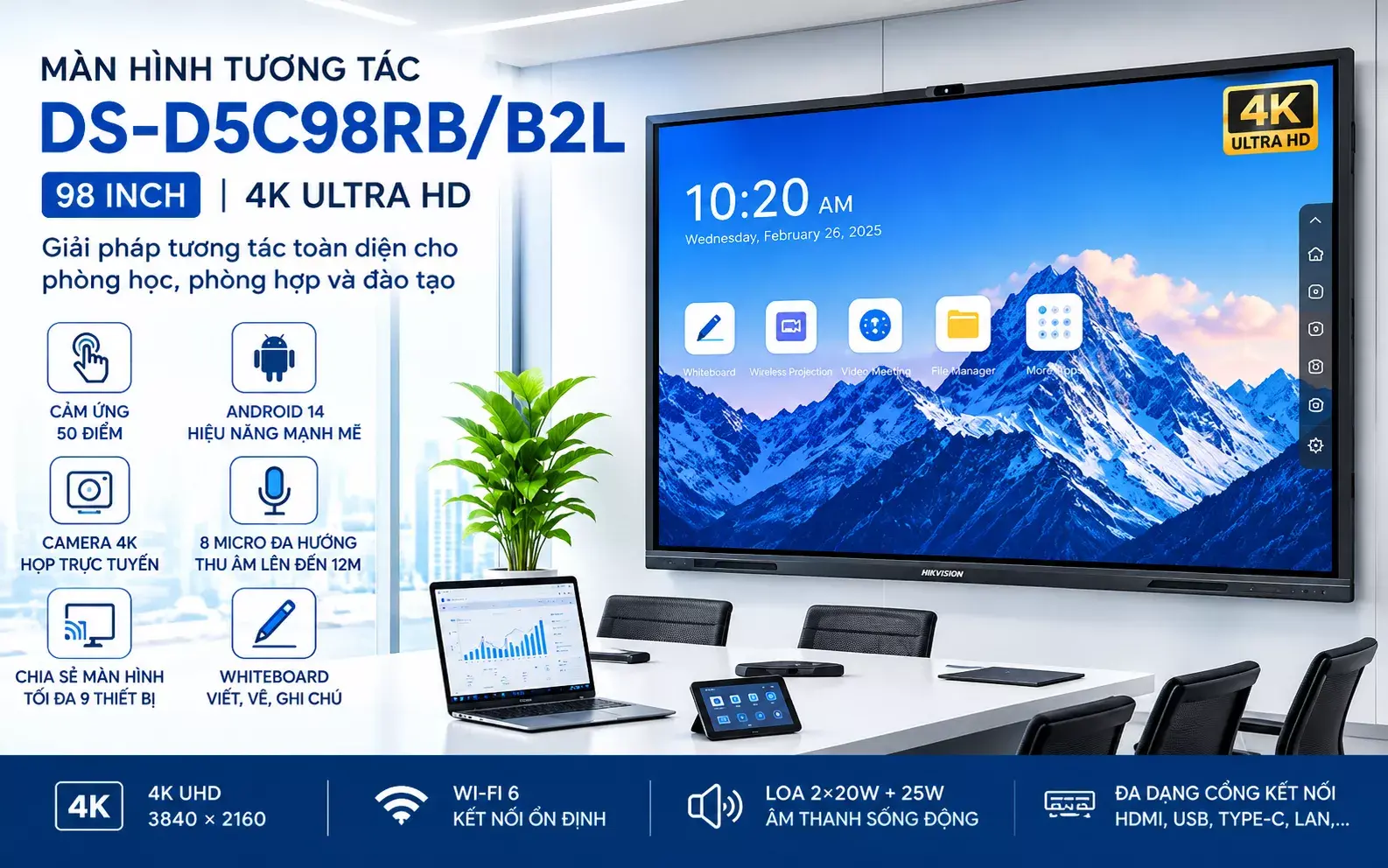 Màn hình tương tác 98 inch 4K Hikvision DS-D5C98RB/B2L Màn hình tương tác 98 inch 4K Hikvision DS-D5C98RB/B2L