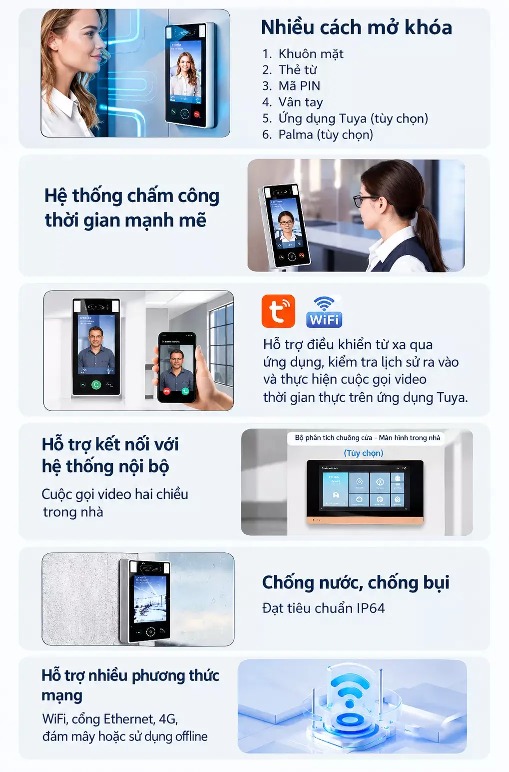 Máy chấm công nhận diện khuôn mặt, vân tay, thẻ MF V501F app Tuya Máy chấm công nhận diện khuôn mặt, vân tay, thẻ MF V501F app Tuya